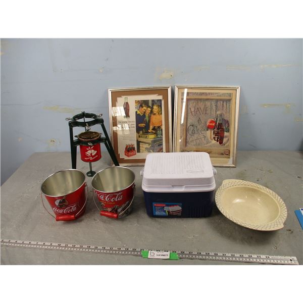 2 Coca Cola Framed Ads, Coca Cola Pails, Small Cooler and Misc