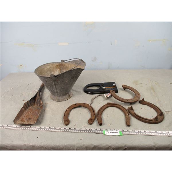 Small Coal Pail and Shovel, Horseshoes Plus Misc