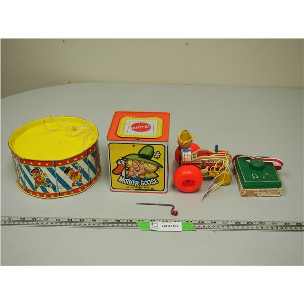 Fisher Price Pull Toy, Vintage 12 Days Of Christmas Music Box Toy, Steel Drum Toy, 1971 Mattel Jack