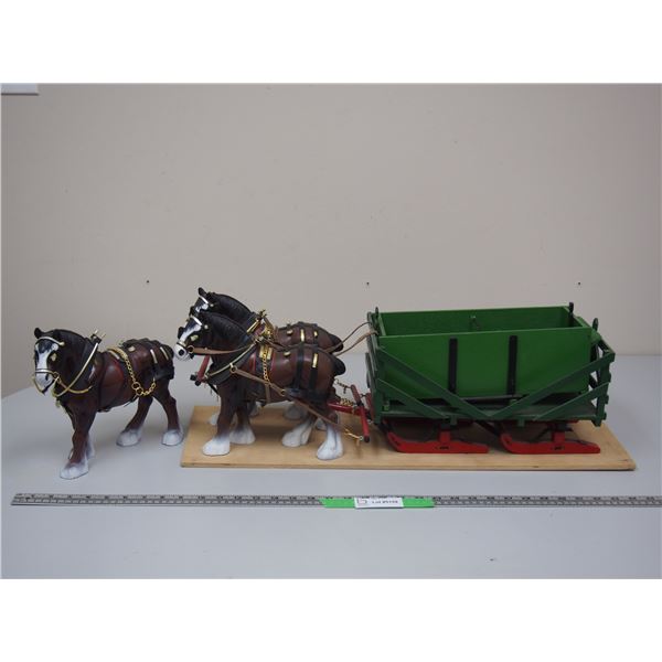 (3) Toy Horses With Wagon Mounted On Wood (25" Long)