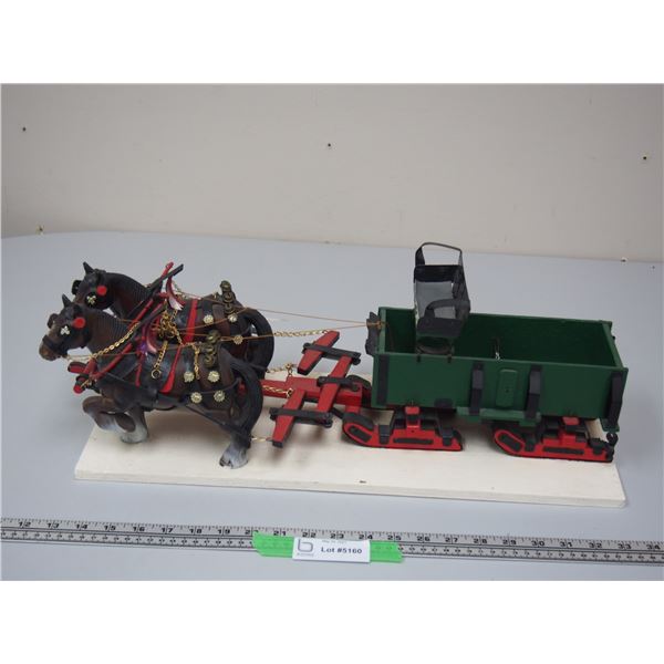(2) Toy Horses With Wagon Mounted on Wood (21" Long)