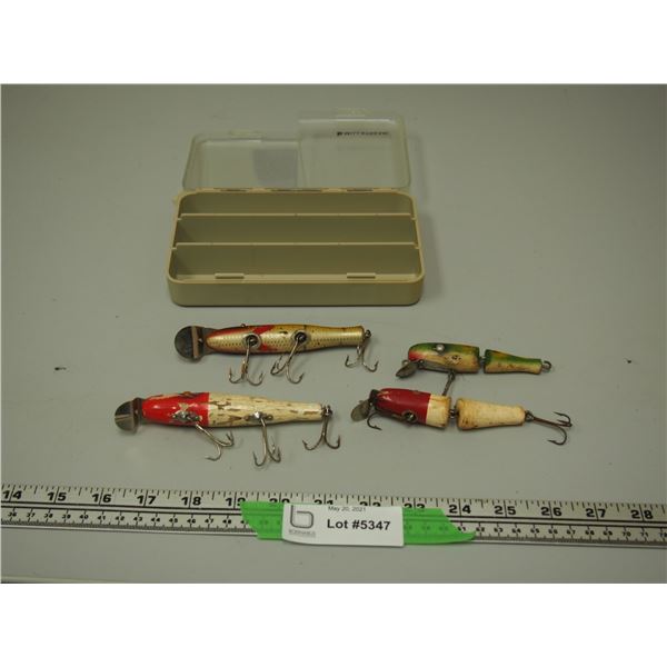 4 Vintage Wooden Fish Hooks in Case