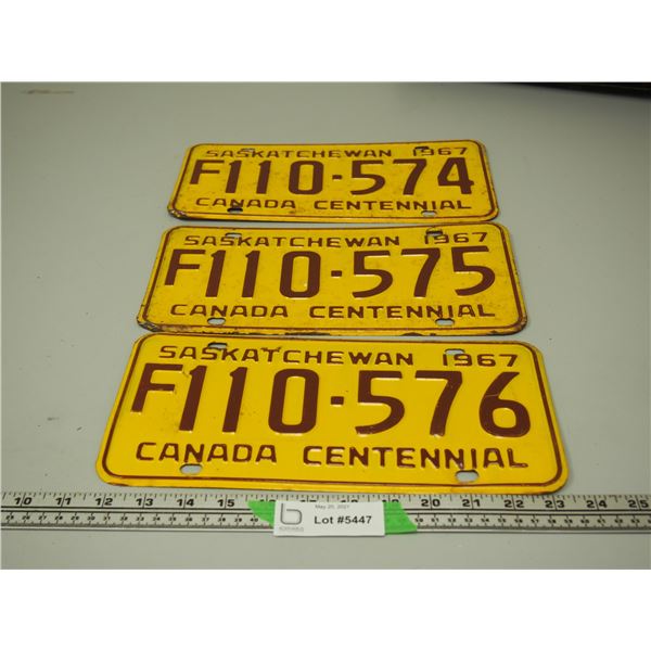1967 Sask Centennial Plates (3 Consecutive Numbers)