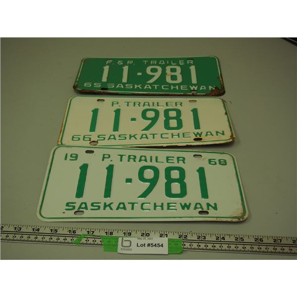 1965, 1968, 1968 Trailer Plates Sask (Same number)