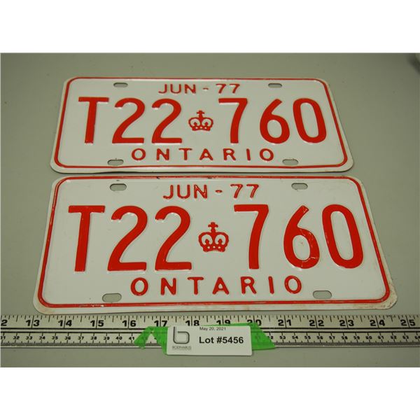Jun 1977 Pair of Ontario Licence Plates
