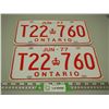 Image 1 : Jun 1977 Pair of Ontario Licence Plates