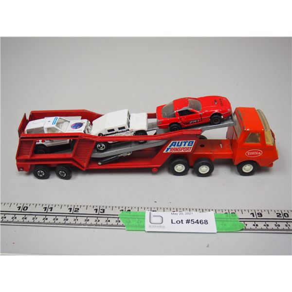 Tonka Semi Auto Transport With 3 Small Cars (Auto Transport Trailer is Matchbox Super Kings)