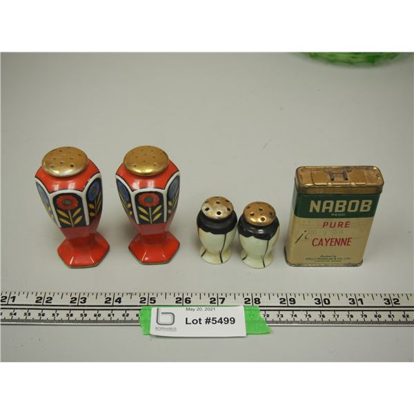 Vintage Salt and Pepper Shakers Plus Nabob Spice Tin