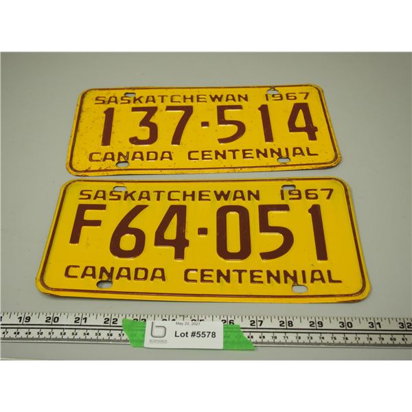 (2X THE MONEY) 1967 Sask Centennial Licence Plates