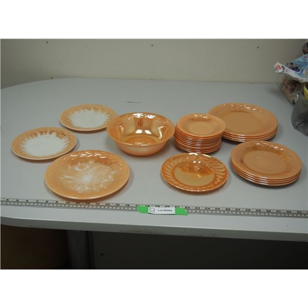 21 Piece Fire King (has scratches) Peach Lustre Plus 3 other Fire King Plates That Are Quite Worn