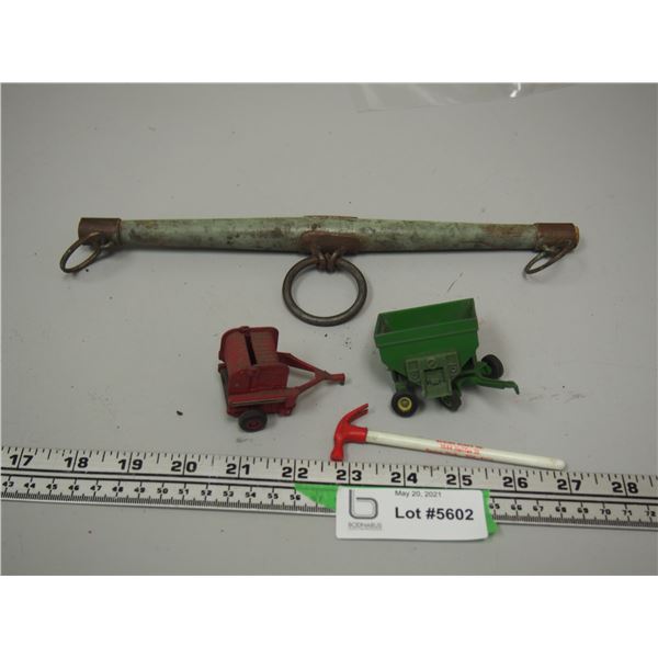 Ertl Toy Round Baler, Ertl Grain Wagon Missing Wheel, Plus Advertising Item Plus Miniature Evener