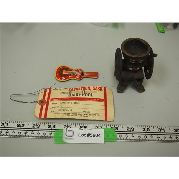 Lot of Vintage Items, Dairy Tag, Whistle, Cast Iron? Toy Coffee Grinder