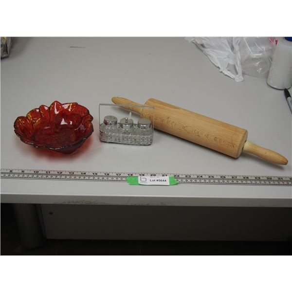 Glass Bowl, Salt and Pepper Shakers and Vintage Wooden Rolling Pin