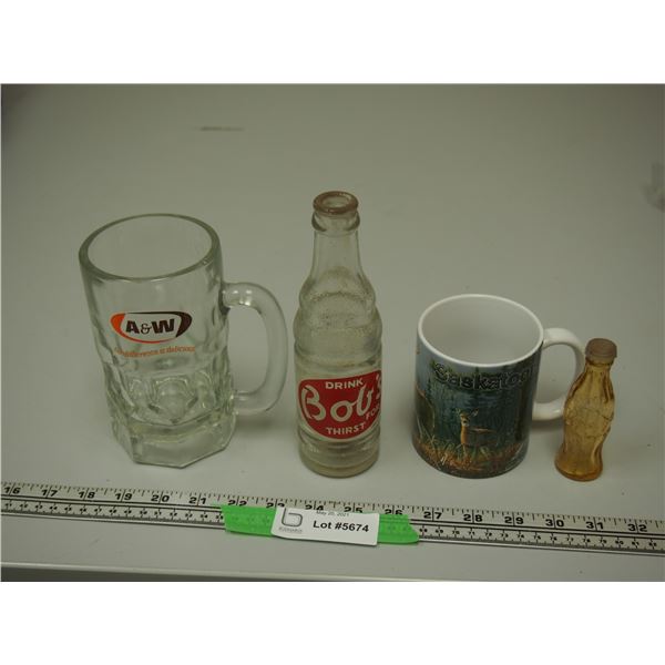 Bob's Pop Bottle, A & W Mug, Saskatoon Coffee Mug and 1 Coca Cola Salt and Pepper Shaker