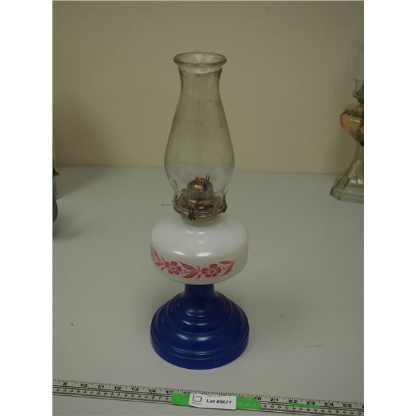 Vintage Blue, White and Red Oil Lamp With Shade