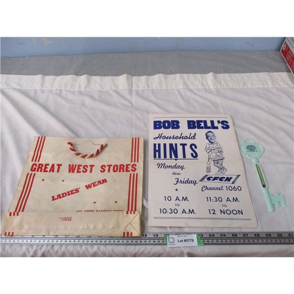 Carl Hammer Uptown Motor Sales Adv Thermometer, Vintage Grocery Bag and Bob Bells Paper