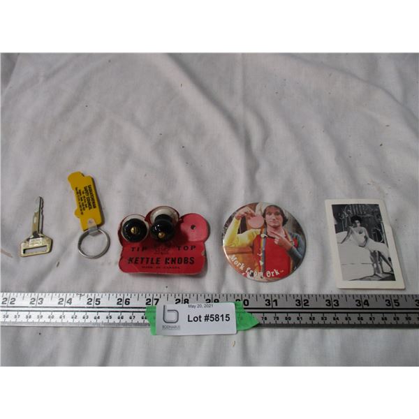 Vintage NOS Kettletop Knobs, Mark from Ork Pin Back Plus Misc