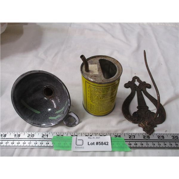Vintage Letter Holder, Coleman Measuring Funnel, Plus Vintage Enamel Funnel