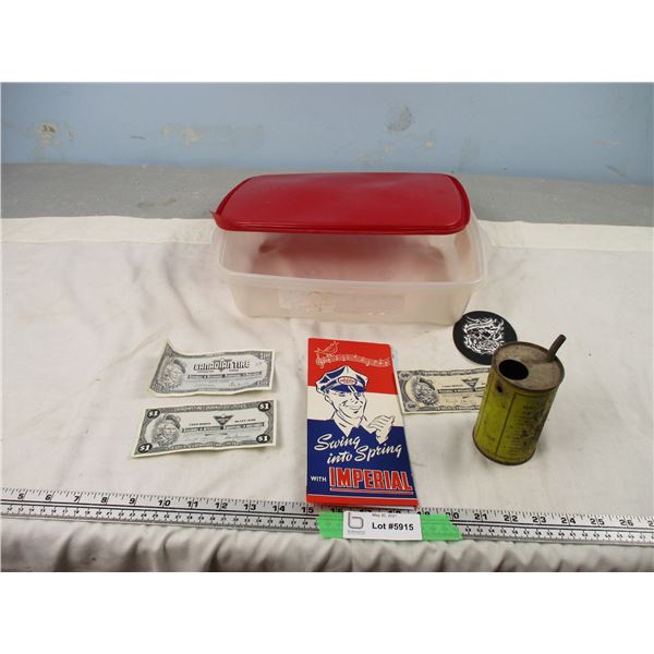 Imperial Oil Brochure Plus Coleman Measuring Can and Vintage Canadian Tire Money with Plastic Storag