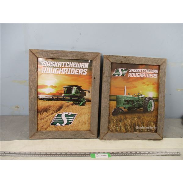 (2X THE MONEY) John Deere Sask Roughriders Tin Pictures Framed With Barn Wood (15 1/4" x 19.5")