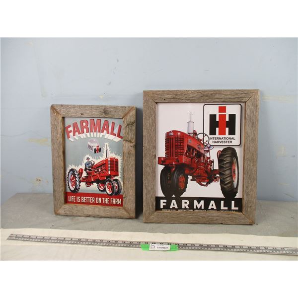 (2X THE MONEY) Farmall Tin Pictures Framed With Barn Wood (15 3/4" x 18 3/4") and (12.5" x 16.5")