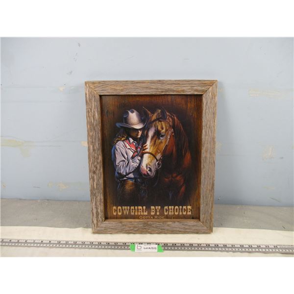 Cowgirl By Choice Picture Framed In Barn Wood (15" x 18 3/4")