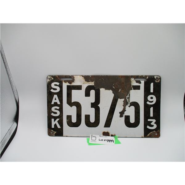 1913 Sask Porcelain Licence Plate