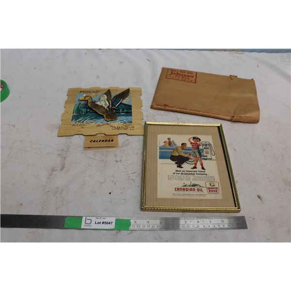 1954 Johnson Motors Sea Horse Calendar With Envelope and Framed White Rose Ad