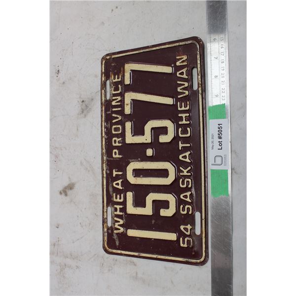 1954 Sask Wheat Province Licence Plate