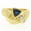 Image 1 : 18kt Yellow Gold 1.04 ctw Trillion Sapphire & Baguette Diamond Ribbed Cocktail R