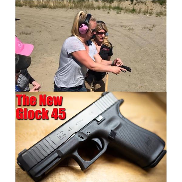 WOMEN ON TARGET SHOOTING BAG WITH GLOCK MODEL 45 9MM PISTOL.