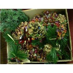 Box lot bejeweled pine cones & garland