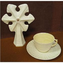 Belleek cross and cup and saucer