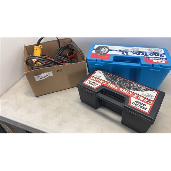 JUMPER CABLES, DEWALT ELECTRIC DRILL AND 2 CASES TIRE CHAINS