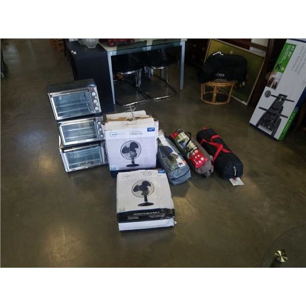 LOT OF STORE RETURN TABLE FANS, STORE RETURN TENT PARTS - NO POLES, STORE RETURN TOASTER OVENS