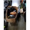 Image 1 : BOX OF SPORTS GEAR, SOFT BALLS, BASEBALL GLOVES, VARIOUS HELMETS