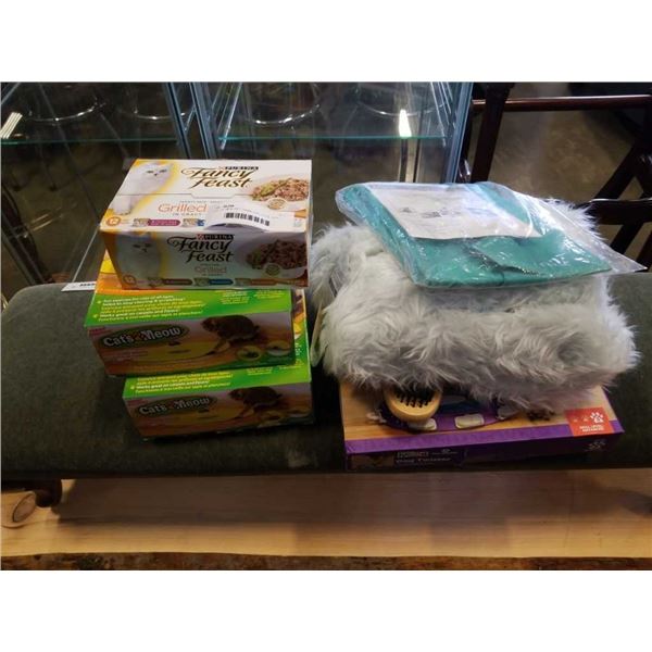 LOT OF NEW PET ITEMS, CAT TOYS, DOG FOOD GAME, CAT FOOD