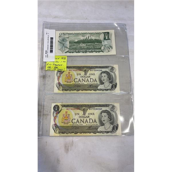 3 MINT 1973 CANADIAN 1 DOLLAR BILLS -  2 IN SEQUENCE 3530288-3530289