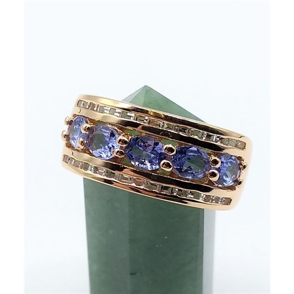 STERLING SILVER ROSE GOLD PLATED RING SET W/ 5 TANZANITE AND TOPAZ W/ APPRAISAL $1240