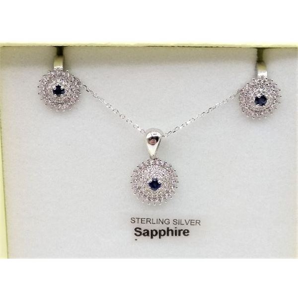 STERLING SILVER EARRINGS AND PEDANT SET W/ GENUINE SAPPHIRE, CZ, AND 16" CHAIN W/ APPRAISAL $965