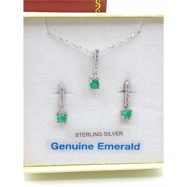 STERLING SILVER EARRINGS AND PENDANT SET W/ GENUINE EMERALD, ACCENTED CZ, AND CHAIN W/ APPRAISAL $81