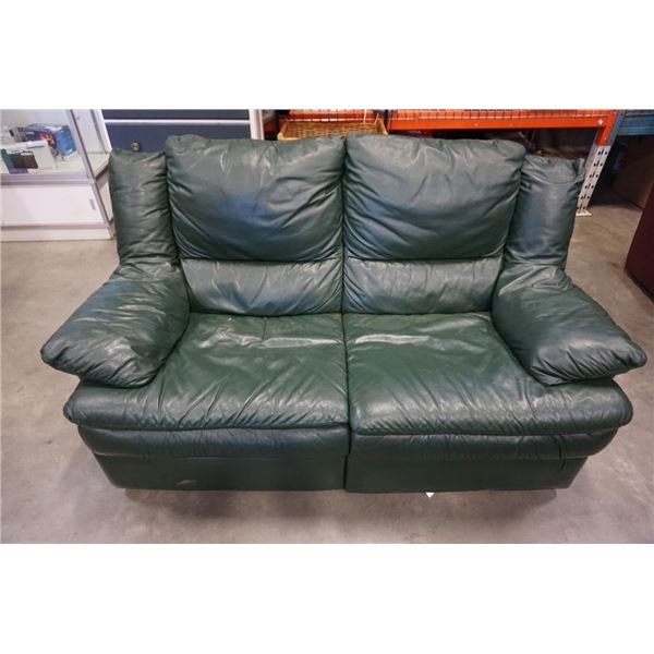 GREEN LEATHER RECLINER LOVESEAT 64 INCHES WIDE, 3 FOOT DEEP