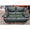 Image 1 : GREEN LEATHER RECLINER LOVESEAT 64 INCHES WIDE, 3 FOOT DEEP