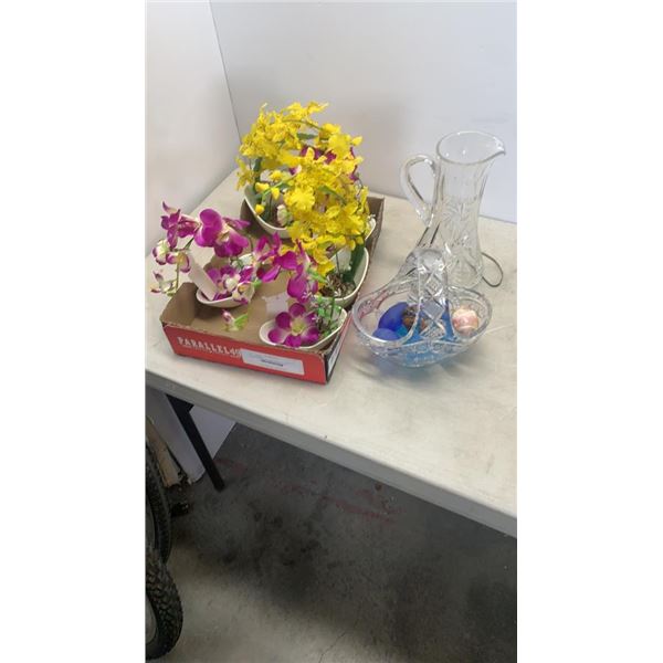 Crystal jug and basket of glass eggs and 4 new artificial orchids