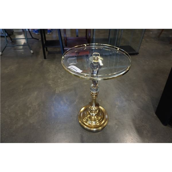 METAL AND GLASS FIGURAL PARLOUR TABLE 16 INCH DIAMETER, 25 INCHES TALL