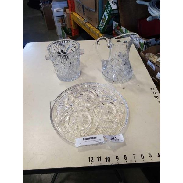 HEAVY CUT CRYSTAL ICE BUCKET, PITCHER, AND SERVING PLATE