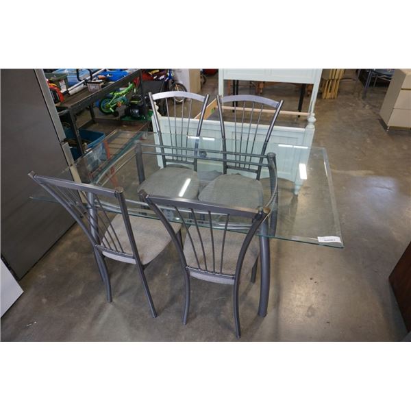 METAL GLASSTOP DINING TABLE WITH 4 CHAIRS - 5 X 3 FOOT X 19.5 INCHES TALL