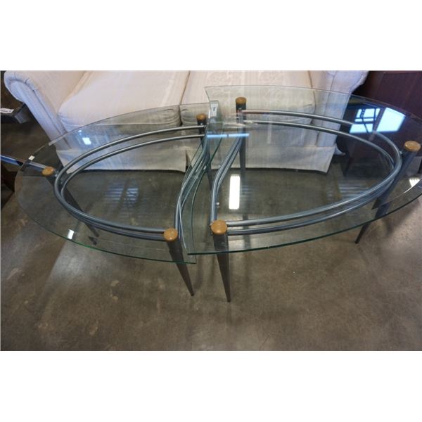 2 MODERN GLASSTOP ENDTABLES - APPROX 28 X 30 INCH TOPS, 18 AND 21 INCHES TALL