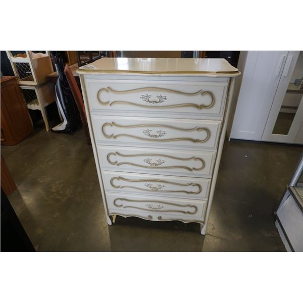 WHITE FRENCH PROVINCIAL 5 DRAWER CHEST OF DRAWERS - 32 INCH WIDE X 18 DEEP X 47 TALL