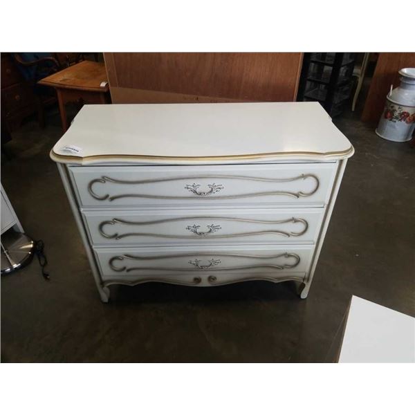 WHITE 3 DRAWER FRENCH PROVINCIAL DRESSER - 40 INCH WIDE X 18 DEEP X 32 TALL